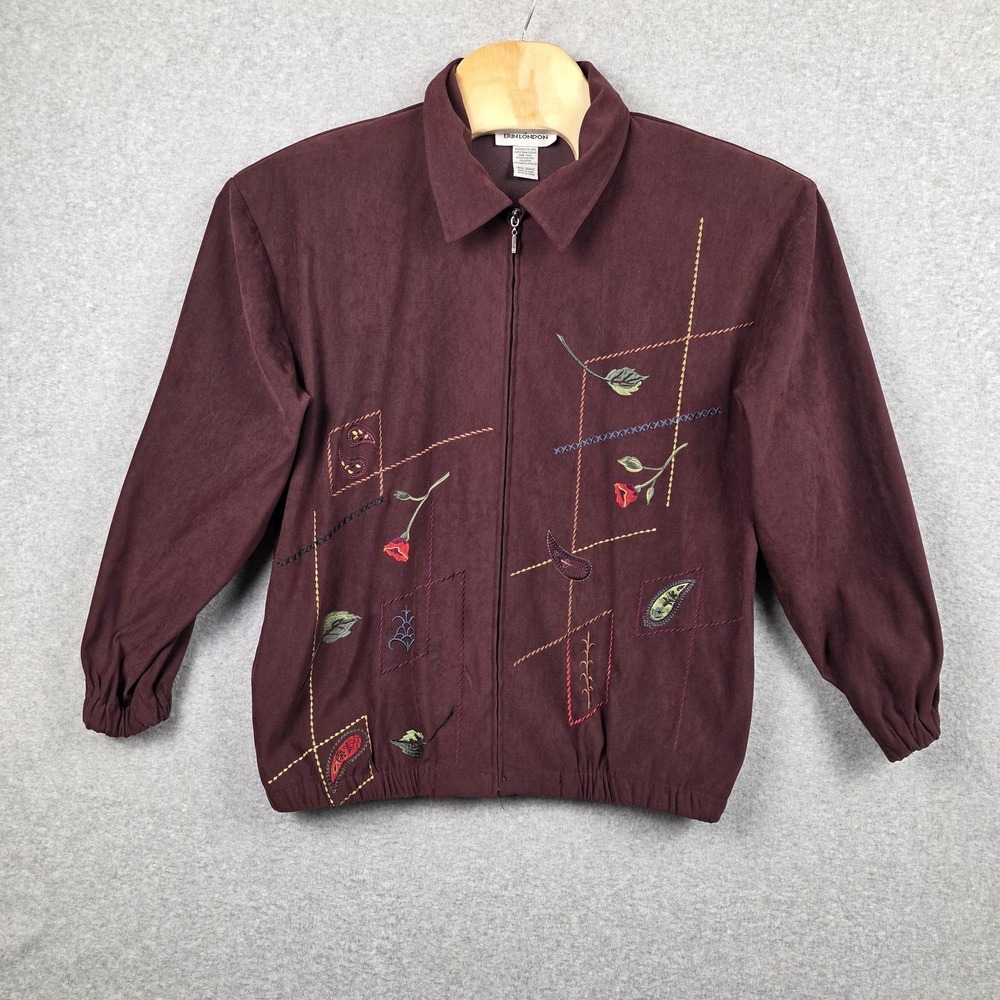Erin London Jacket Womens Large Red‎ Embroidered Floral Zip Front Stretch